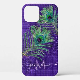 Paarse Glitter Chic Girly Peacock Feather Monogram Case-Mate iPhone Case