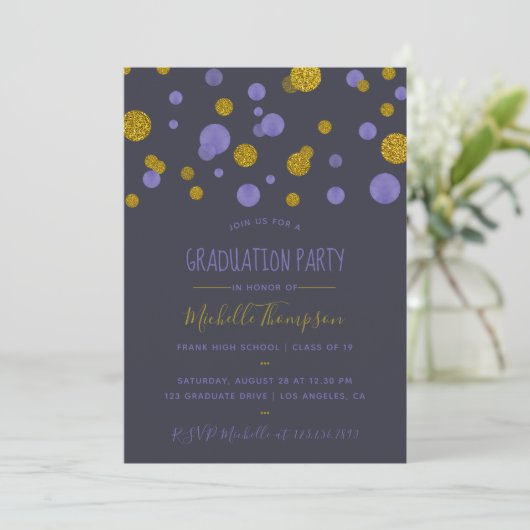 Paarse Glitter Confetti Graduation Party Kaart (Staand voorkant)