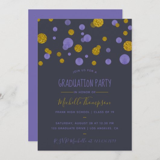 Paarse Glitter Confetti Graduation Party Kaart (Voorkant / Achterkant)