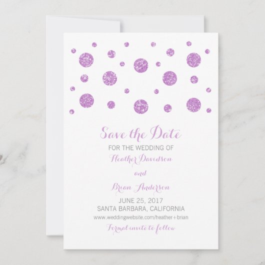 Paarse Glitter Confetti sparen de Datum uitnodigen Save The Date (Voorkant)