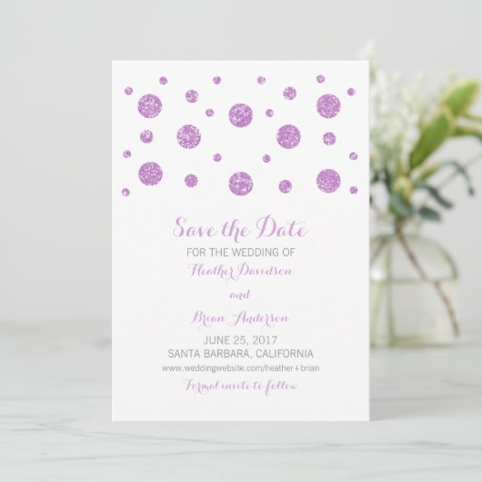 Paarse Glitter Confetti sparen de Datum uitnodigen Save The Date (Staand voorkant)