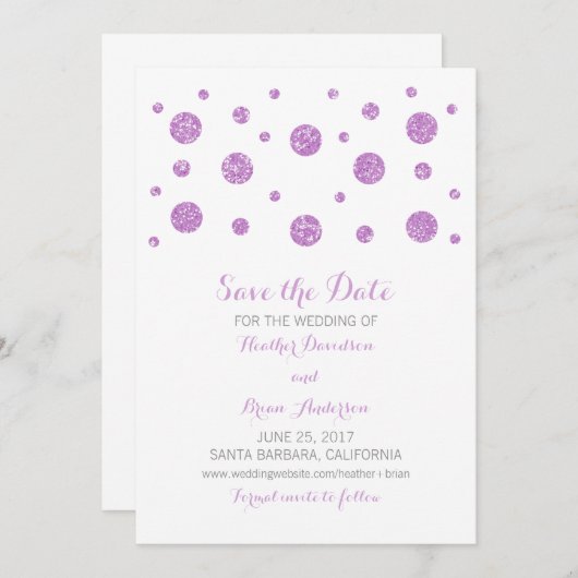 Paarse Glitter Confetti sparen de Datum uitnodigen Save The Date (Voorkant / Achterkant)