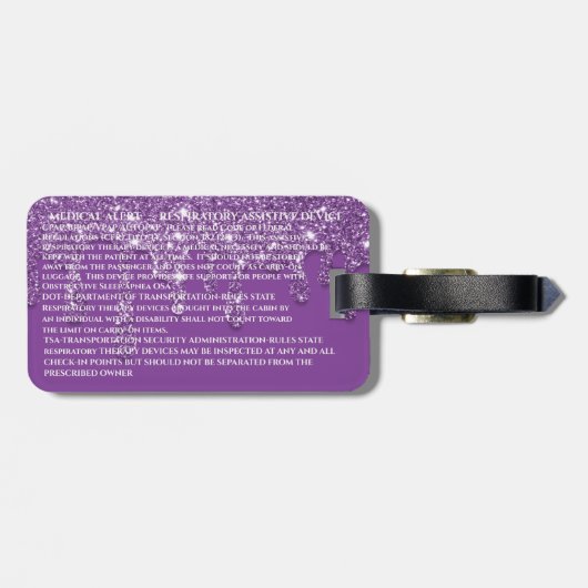 Paarse Glitter CPAP Machine Carry-On Bagagelabel (Achterkant horizontaal)