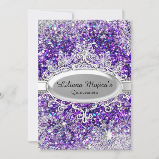 Paarse Glitter Crystal Snowflake Quinceanera Kaart (Voorkant)