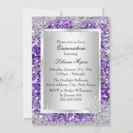 Paarse Glitter Crystal Snowflake Quinceanera Kaart (Achterkant)