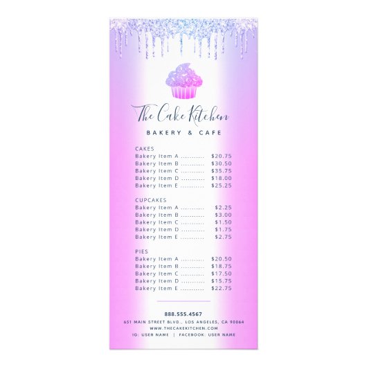 Paarse Glitter Cupcake Bakery Pastry Chef Menu (Voorkant)