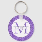 Paarse Glitter Custom Name Monogram Sleutelhanger (Voorkant)