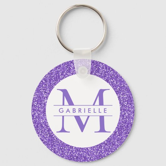 Paarse Glitter Custom Name Monogram Sleutelhanger (Voorkant)