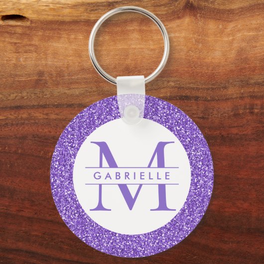 Paarse Glitter Custom Name Monogram Sleutelhanger (Voorkant)