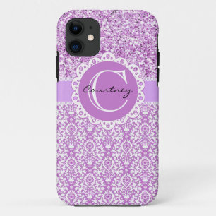 Paarse glitter & Damask met naam en Initiaal Hoesj Case-Mate iPhone Case
