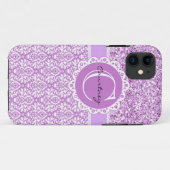 Paarse glitter & Damask met naam en Initiaal Hoesj Case-Mate iPhone Case (Achterkant (horizontaal))