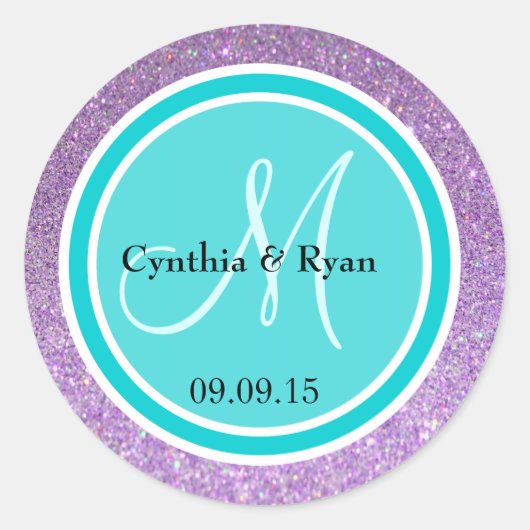 Paarse Glitter & Deep Turquoise Wedding Monogram Ronde Sticker (Voorkant)