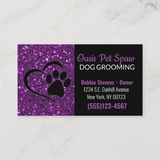 Paarse Glitter Design Dog Pet Grooming Service Visitekaartje (Voorkant)
