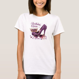 Paarse glitter diamant hoge hak verjaardagskoningi t-shirt