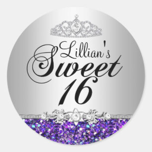 Paarse Glitter & Diamanten Tiara Sweet 16 Sticker
