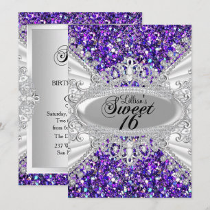 Paarse Glitter Diamanten Tiara Sweet 16 Uitnodigin Kaart