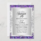 Paarse Glitter Diamond Tiara Sweet 16 Invite Kaart (Achterkant)