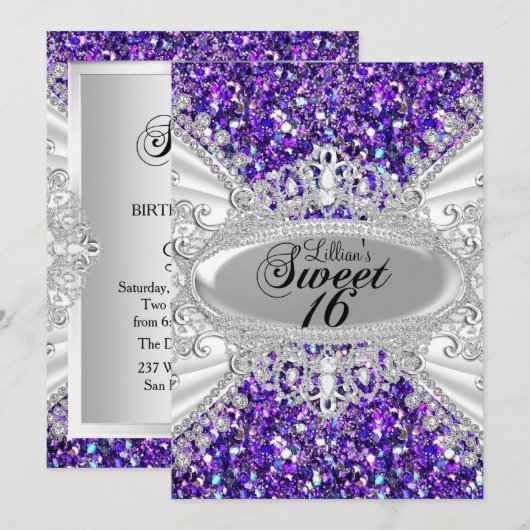 Paarse Glitter Diamond Tiara Sweet 16 Invite Kaart (Voorkant / Achterkant)