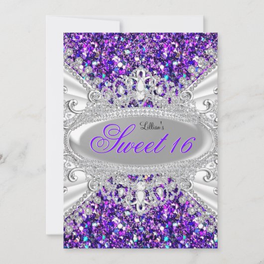 Paarse Glitter & Diamond Tiara Sweet 16 Kaart (Voorkant)