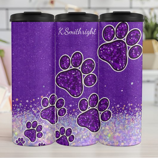 Paarse Glitter Dog Paw Prints Thermosbeker