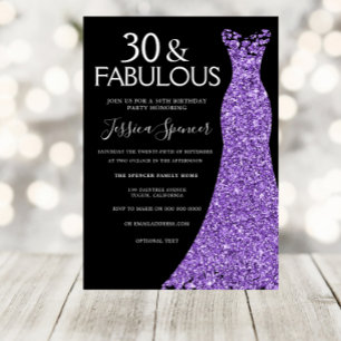 Paarse Glitter Dress Black 30th Birthday Party Kaart