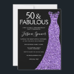 Paarse Glitter Dress Black 50th Birthday Party Kaart<br><div class="desc">Paarse Glitter Dress Black 50th Birthday Party Black Uitnodiging bekijken overeenkomende objecten in Niche en Nest Store</div>