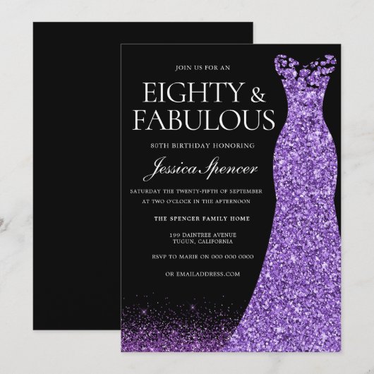 Paarse Glitter Dress Gown 80th Birthday Party Kaart (Voorkant / Achterkant)