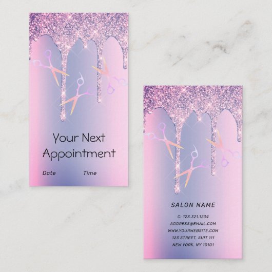 Paarse glitter drijft holografisch schaar haar afsprakenkaartje (Voorkant / Achterkant)