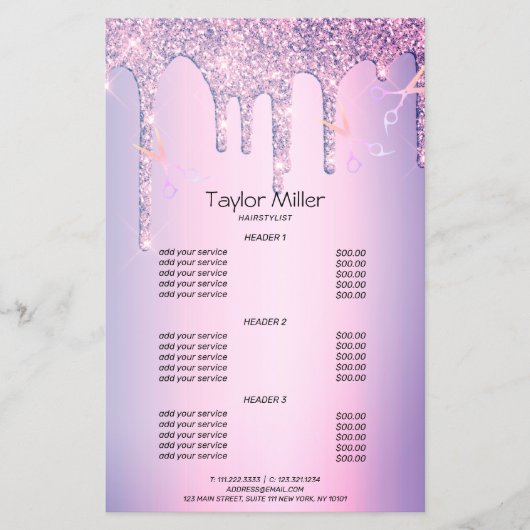 Paarse glitter drijft holografisch schaar haar flyer (Voorkant)