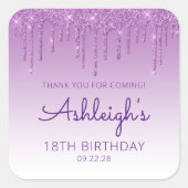 Paarse Glitter Drip 18th Birthday Party Dank u Vierkante Sticker (Voorkant)