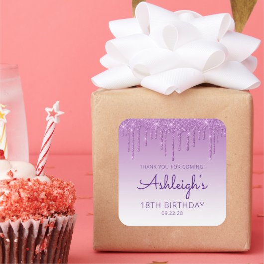 Paarse Glitter Drip 18th Birthday Party Dank u Vierkante Sticker (Feest)