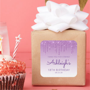 Paarse Glitter Drip 18th Birthday Party Dank u Vierkante Sticker