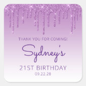 Paarse Glitter Drip 21e Verjaardag Dank U Vierkante Sticker (Voorkant)