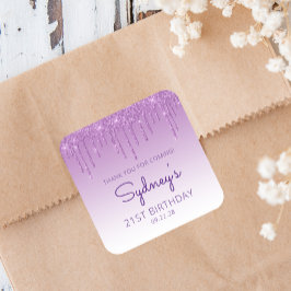 Paarse Glitter Drip 21e Verjaardag Dank U Vierkante Sticker