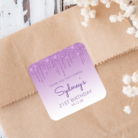 Paarse Glitter Drip 21e Verjaardag Dank U Vierkante Sticker