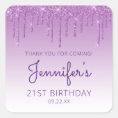 Paarse Glitter Drip 21st Birthday Party Dank u Vierkante Sticker (Voorkant)