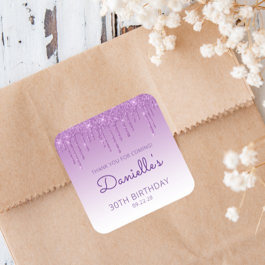 Paarse Glitter Drip 30e Verjaardag Bedankt Vierkante Sticker
