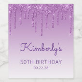 Paarse glitter Drip 50th Birthday Party Wijn Etiket (Enkel label)