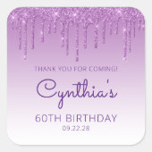 Paarse Glitter Drip 60th Birthday Party Hartelijk Vierkante Sticker (Voorkant)