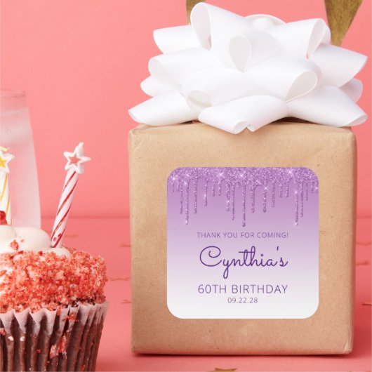 Paarse Glitter Drip 60th Birthday Party Hartelijk Vierkante Sticker (Feest)