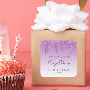 Paarse Glitter Drip 60th Birthday Party Hartelijk  Vierkante Sticker