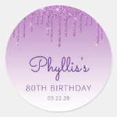Paarse Glitter Drip 80ste Verjaardag Ronde Sticker (Voorkant)