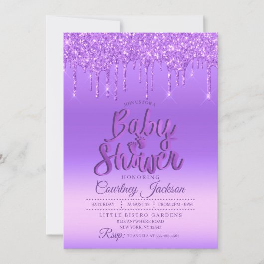 Paarse Glitter Drip Baby shower Kaart (Voorkant)
