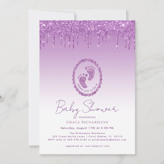Paarse Glitter Drip Baby shower Uitnodiging (Voorkant)