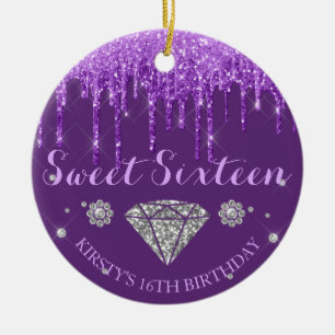 Paarse Glitter Drip Diamanten Sweet Sixteen Keramisch Ornament