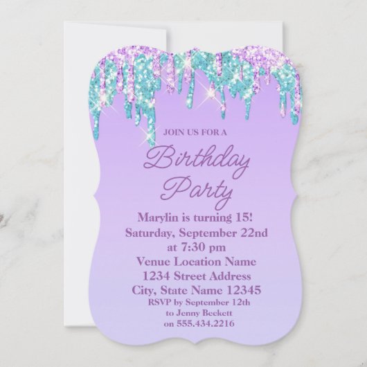 PAARSE GLITTER DRIP ELEGANT BIRTHDAY INVITATION KAART (Voorkant)