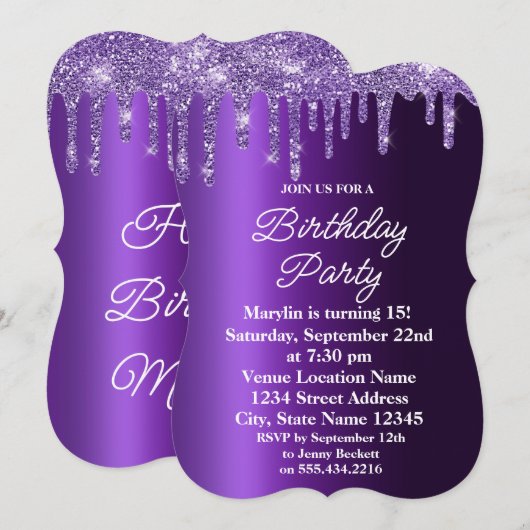 PAARSE GLITTER DRIP ELEGANT BIRTHDAY INVITATION KAART (Voorkant / Achterkant)