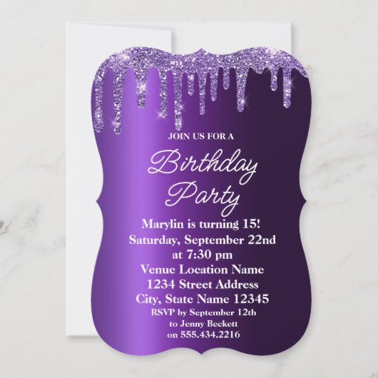 PAARSE GLITTER DRIP ELEGANT BIRTHDAY INVITATION KAART (Voorkant)