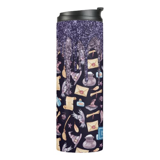 Paarse glitter Drip Halloween Witch Pattern Thermosbeker (Gedraaid links)