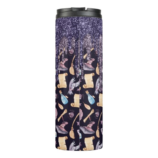Paarse glitter Drip Halloween Witch Pattern Thermosbeker (Achterkant)